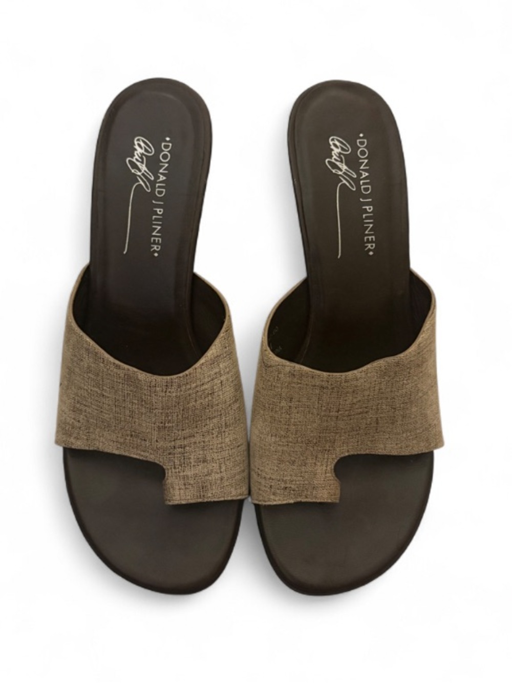 Donald J. Pliner Taupe Linen Slide Mules